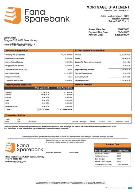 Download Norway Fana Sparebank mortgage statement Word and PDF template Photoshop template
